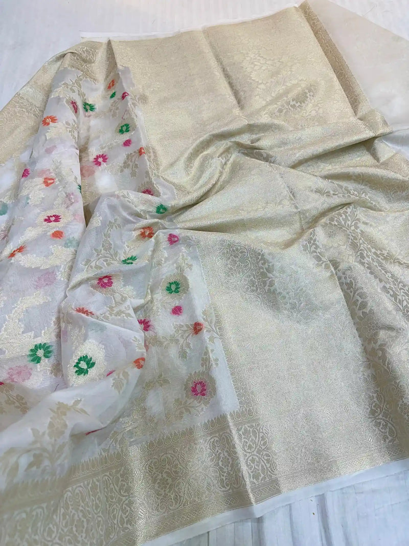 Off White Organza Silk Banarasi Sarees