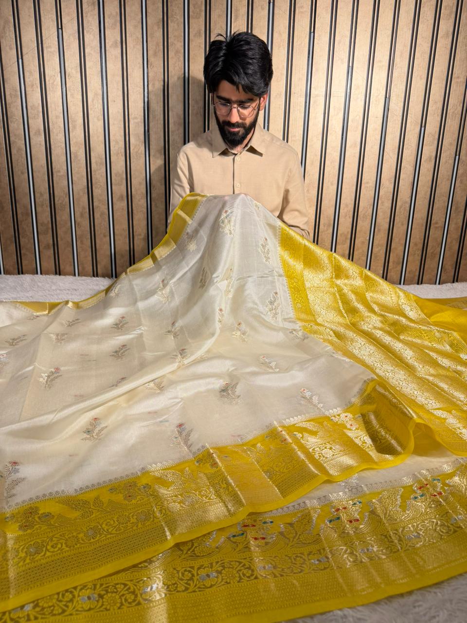 Off white yellow pure mango silk heritage Banarasi Saree