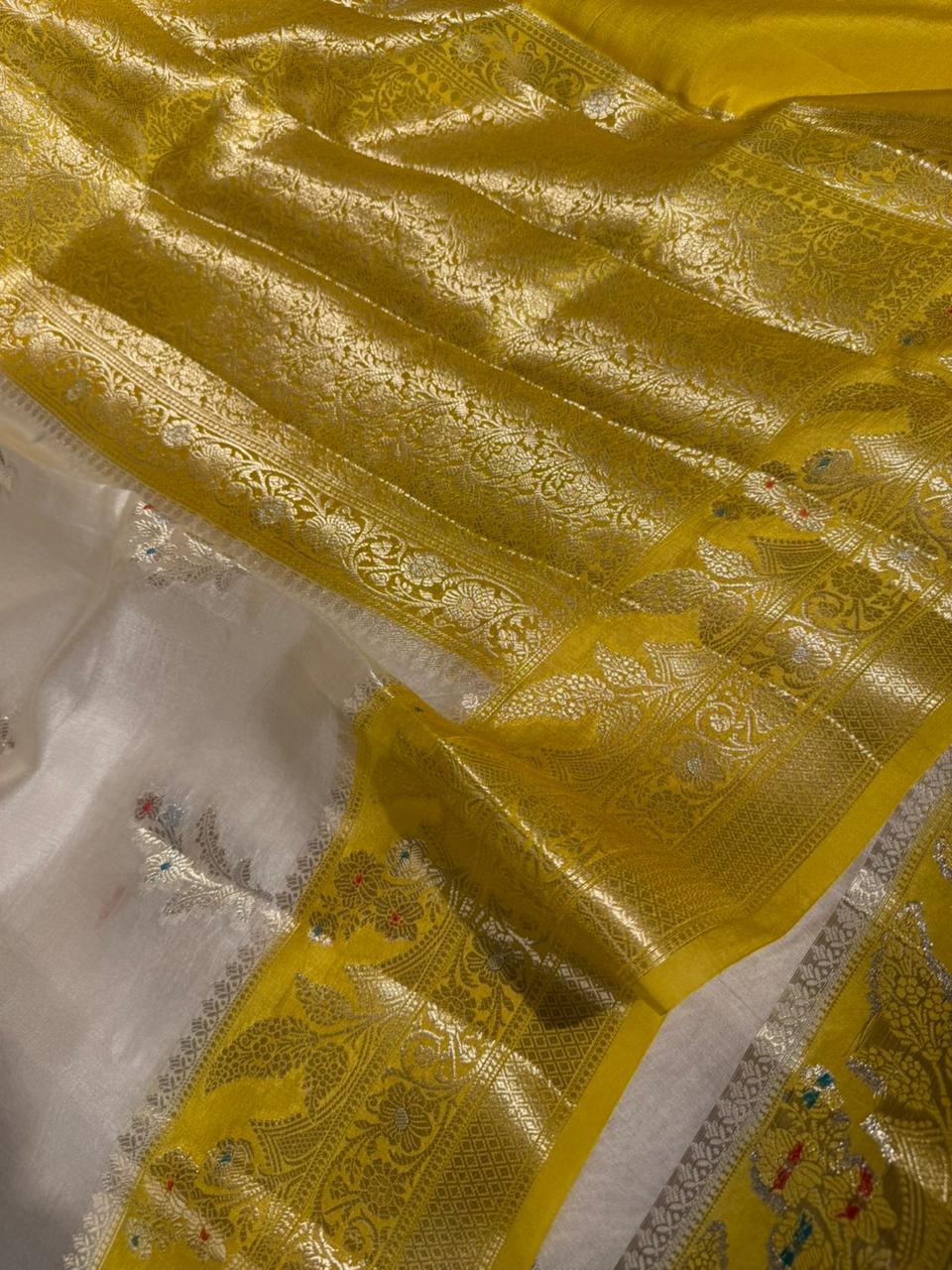 Off white yellow pure mango silk heritage Banarasi Saree
