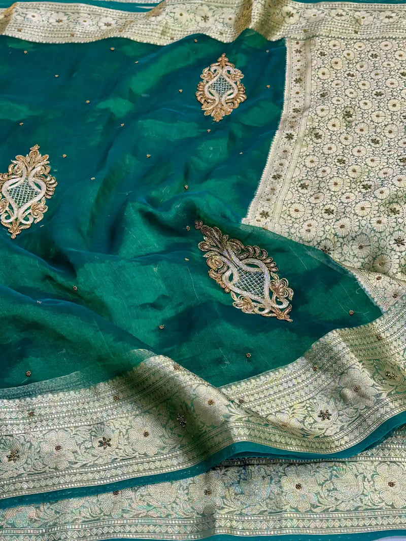 Olive Green Premium Handwork Pure Tissue Silk Banarasi Saree