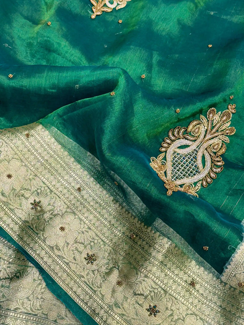 Olive Green Premium Handwork Pure Tissue Silk Banarasi Saree