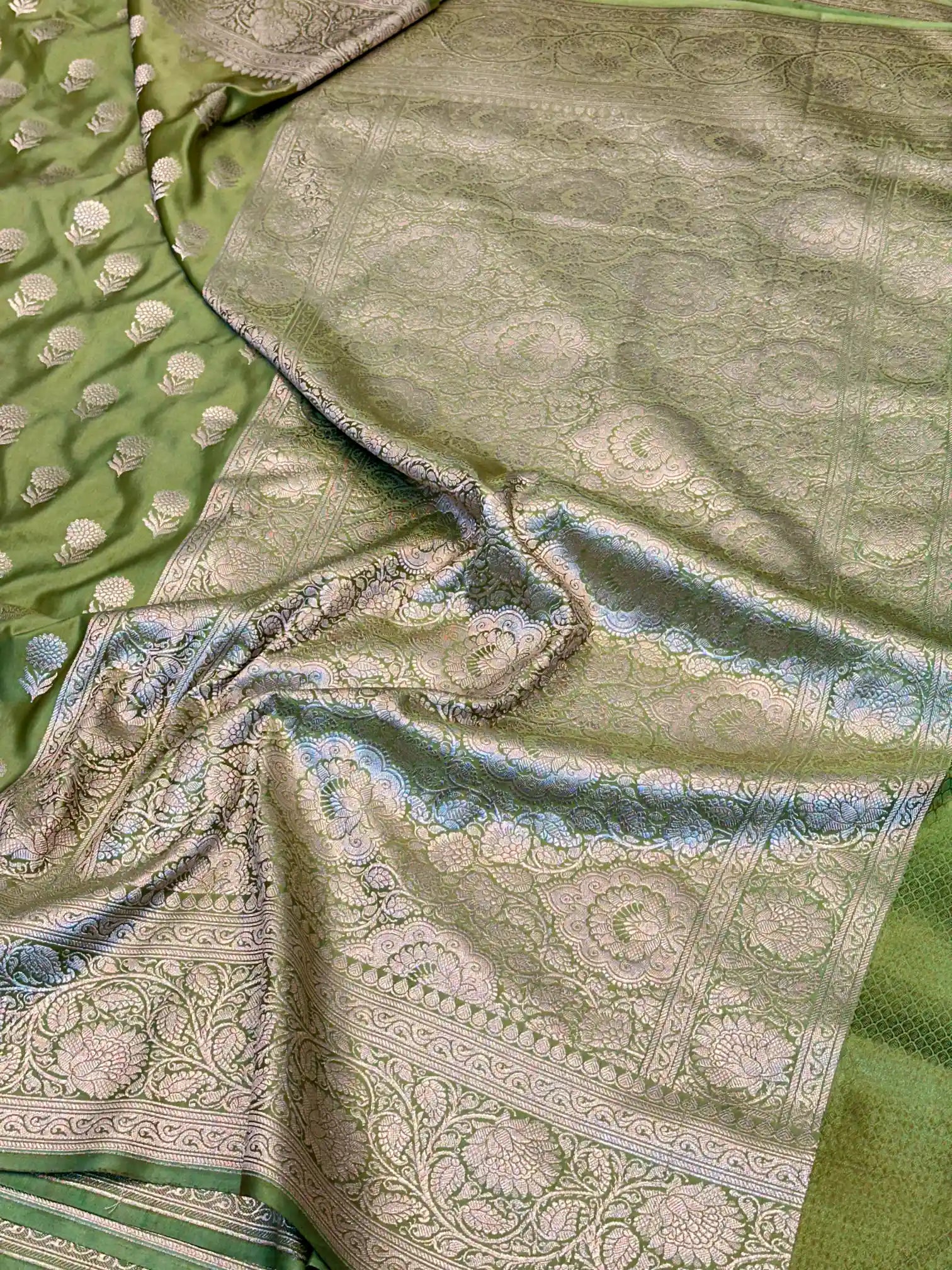 Olivine Eccentric Motifs Weave Mashru Katan Silk Saree