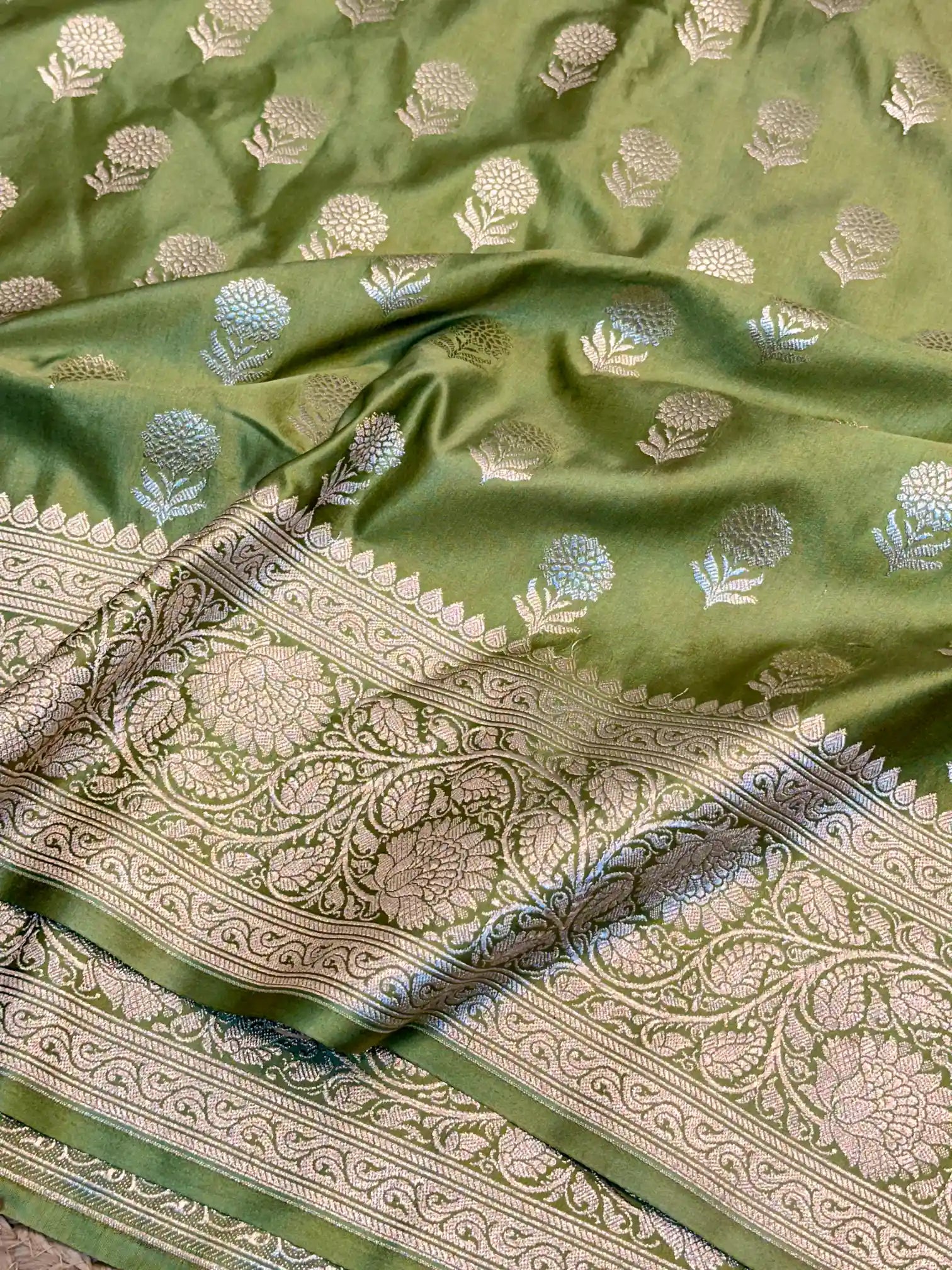 Olivine Eccentric Motifs Weave Mashru Katan Silk Saree
