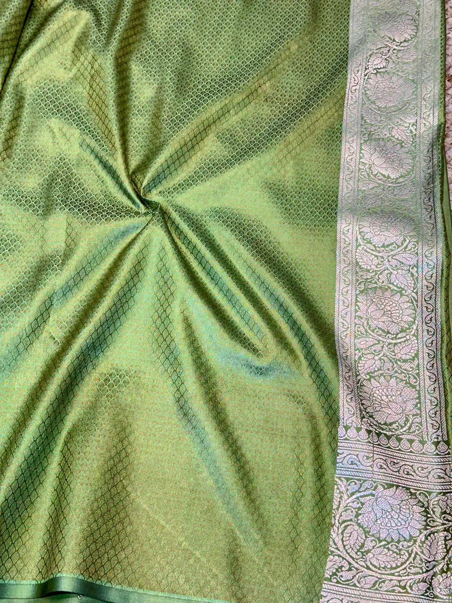 Olivine Eccentric Motifs Weave Mashru Katan Silk Saree