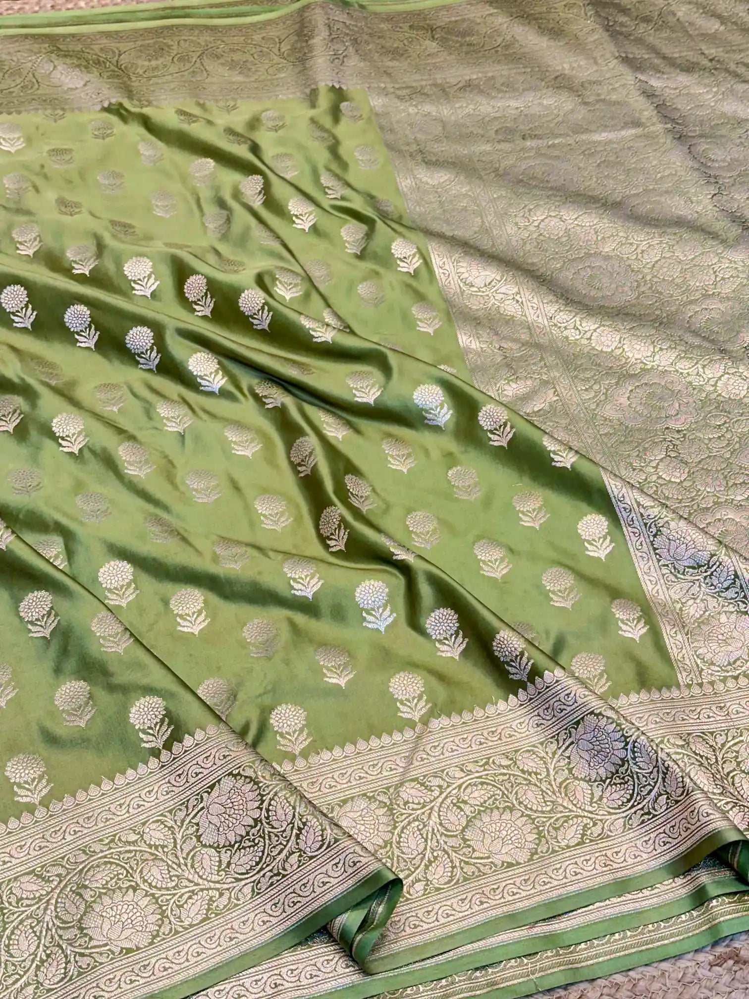 Olivine Eccentric Motifs Weave Mashru Katan Silk Saree