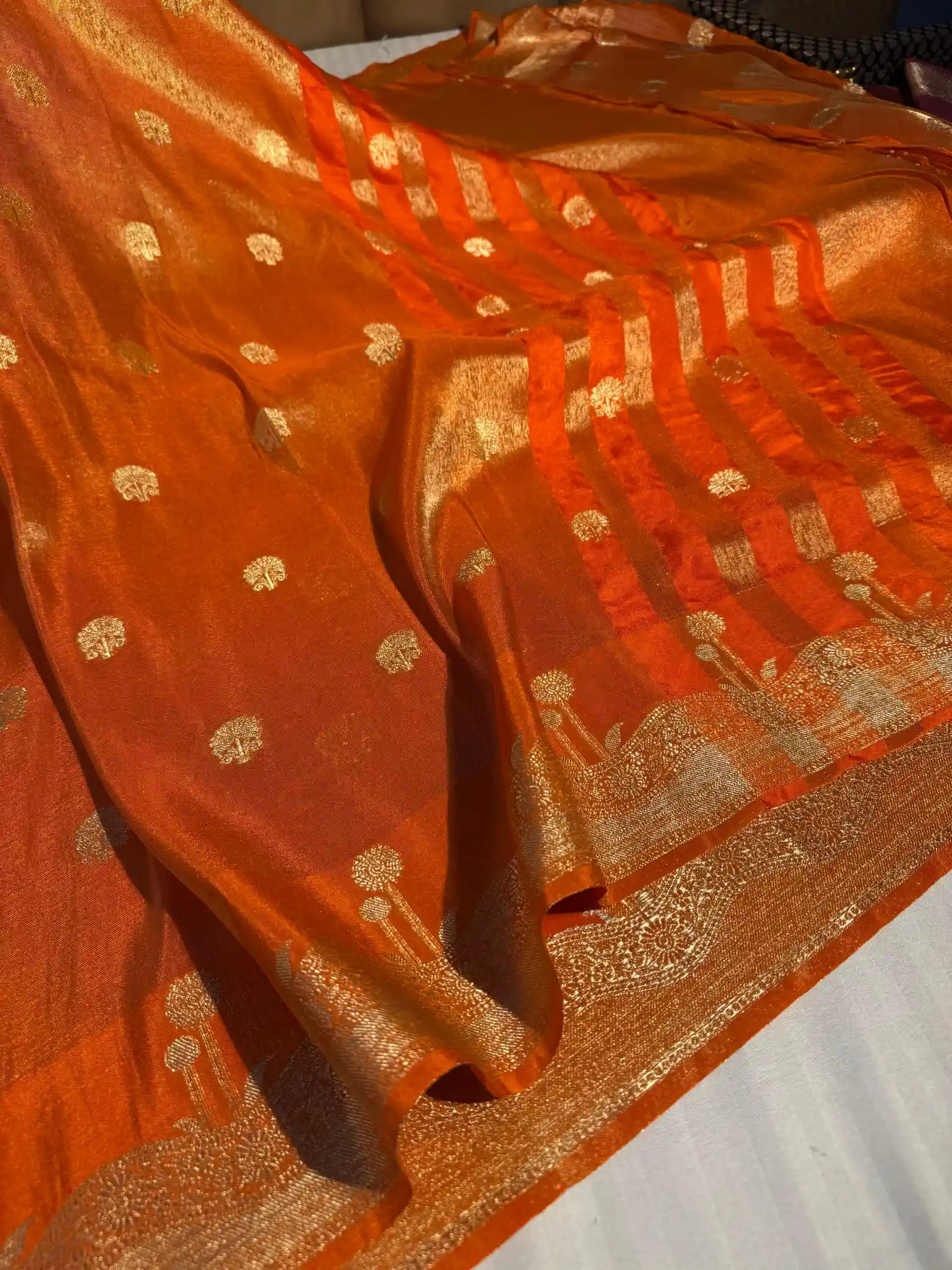 Bright Orange Breathable Katan Tissue Silk Traditional Buta Banarasi Saree