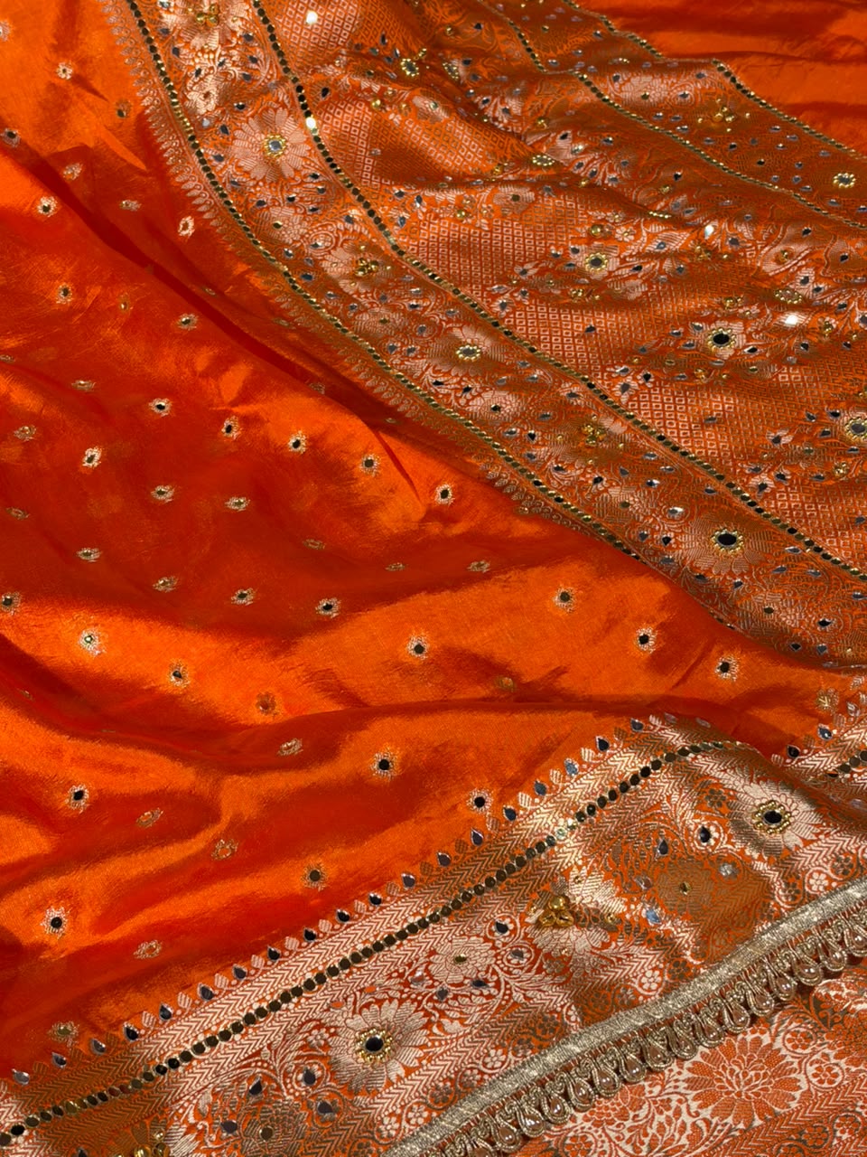 Orange Soft Georgette Ghungroo Mirror Work Saree