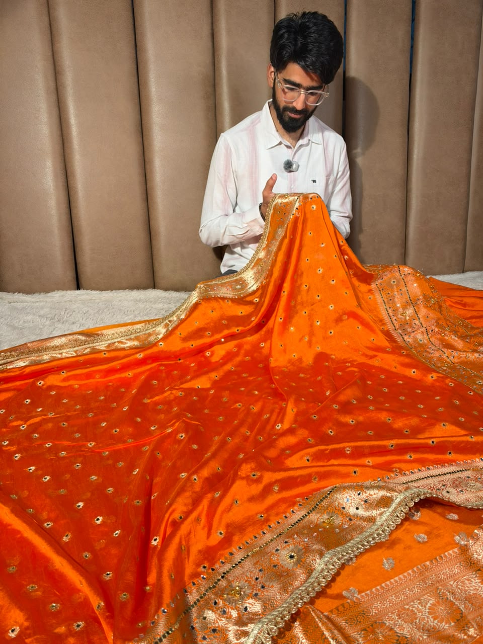 Orange Soft Georgette Ghungroo Mirror Work Saree
