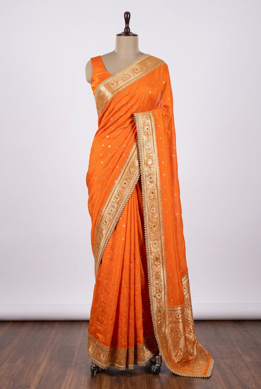 Orange Soft Georgette Ghungroo Mirror Work Saree