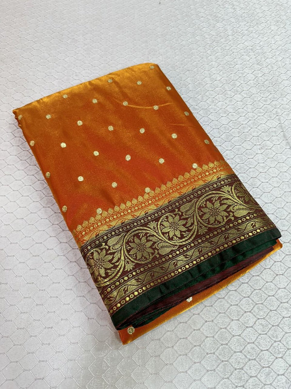 Orange Satin Silk Embroidered Saree