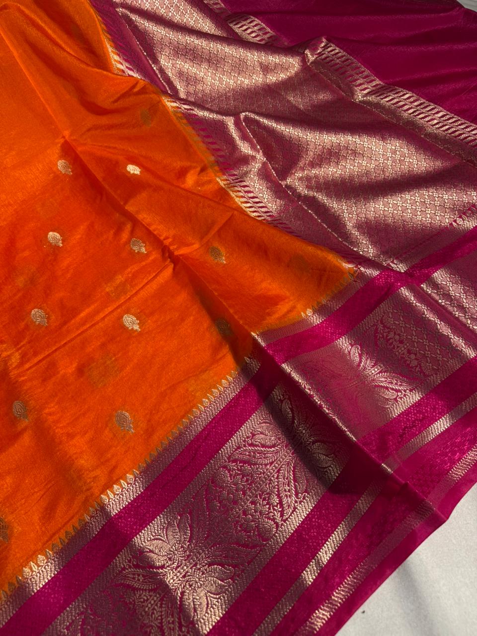 Orange shade chiniya silk saree with rich pallu and Contrast blouse