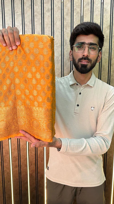 Orangey Yellow Semi Khaddi Georgette Buti Banarasi Saree