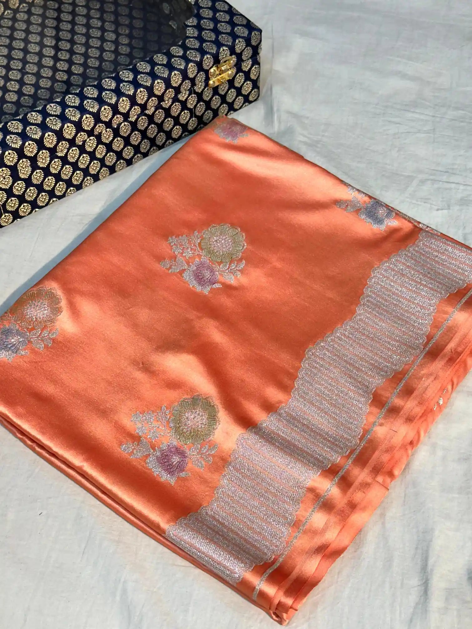 Orangish Peach Handbrush Dyed Mashru Silk Banarasi Saree