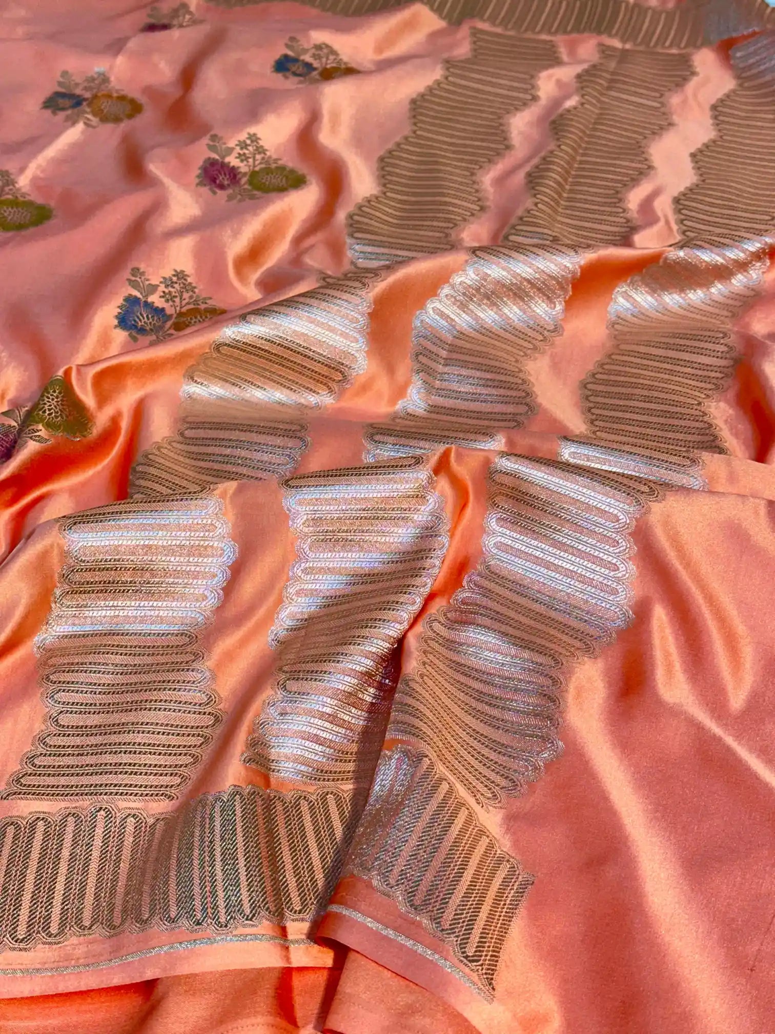 Orangish Peach Handbrush Dyed Mashru Silk Banarasi Saree