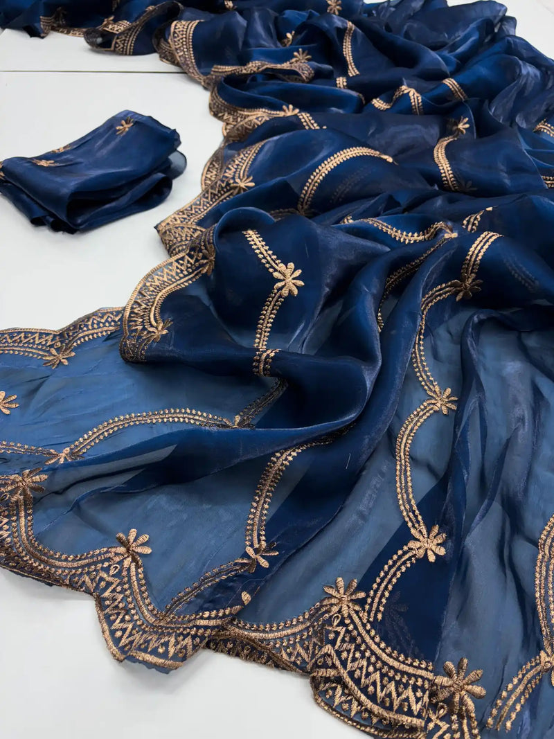 Oxford Blue Shimmery Tissue Silk Saree