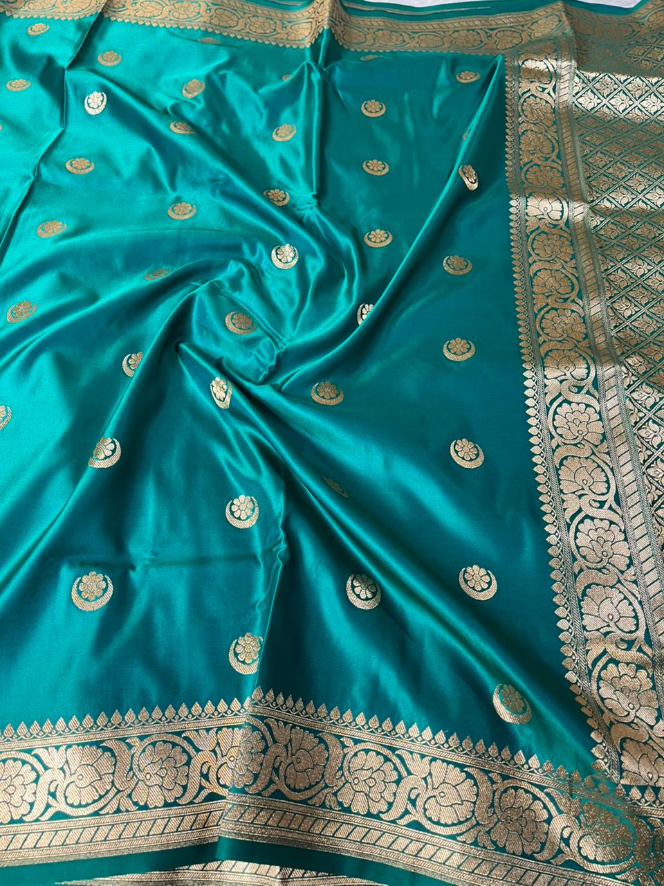 Pacific Blue Satin Silk Chand Tara Buti Banarasi Saree