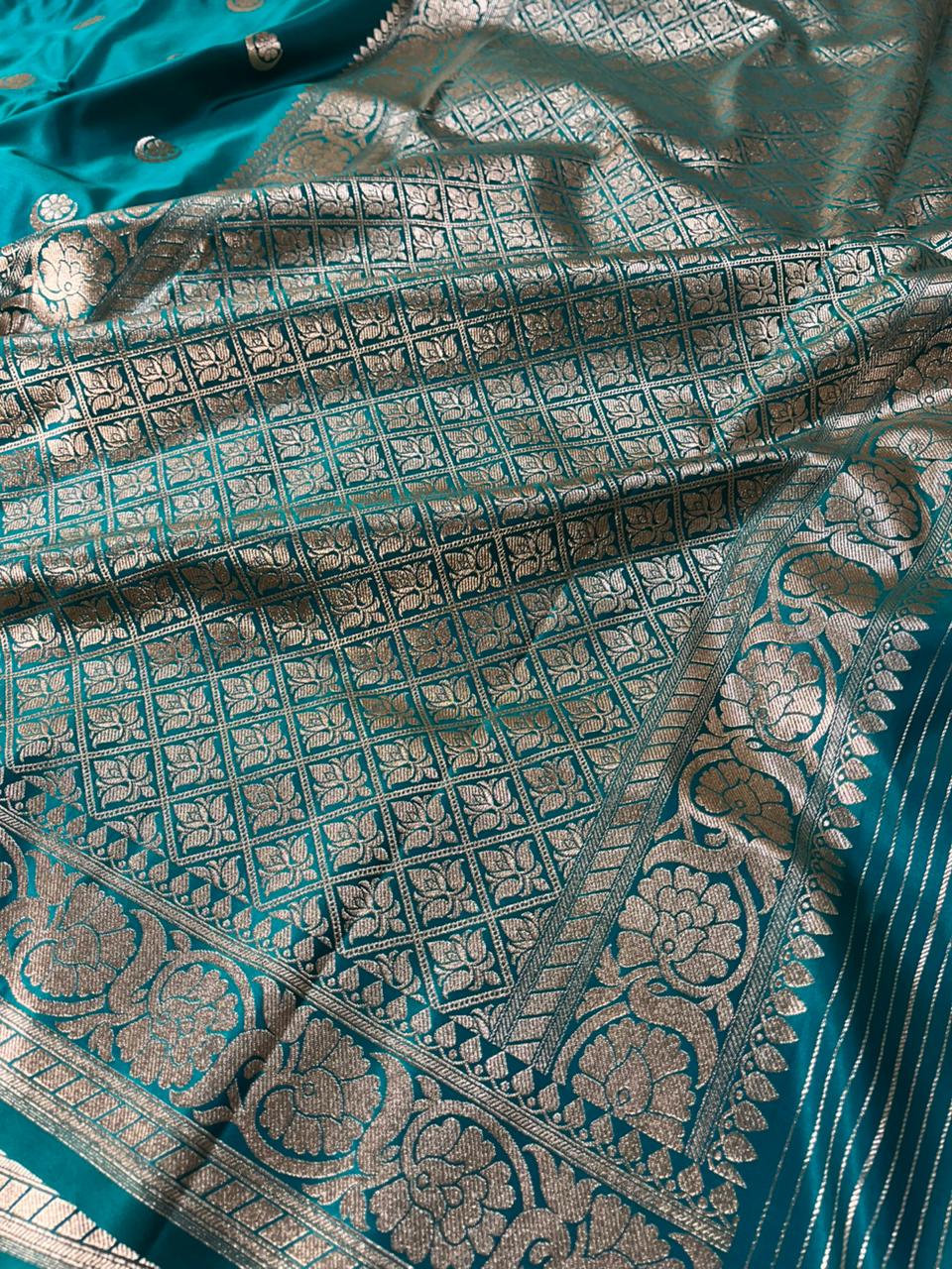 Pacific Blue Satin Silk Chand Tara Buti Banarasi Saree