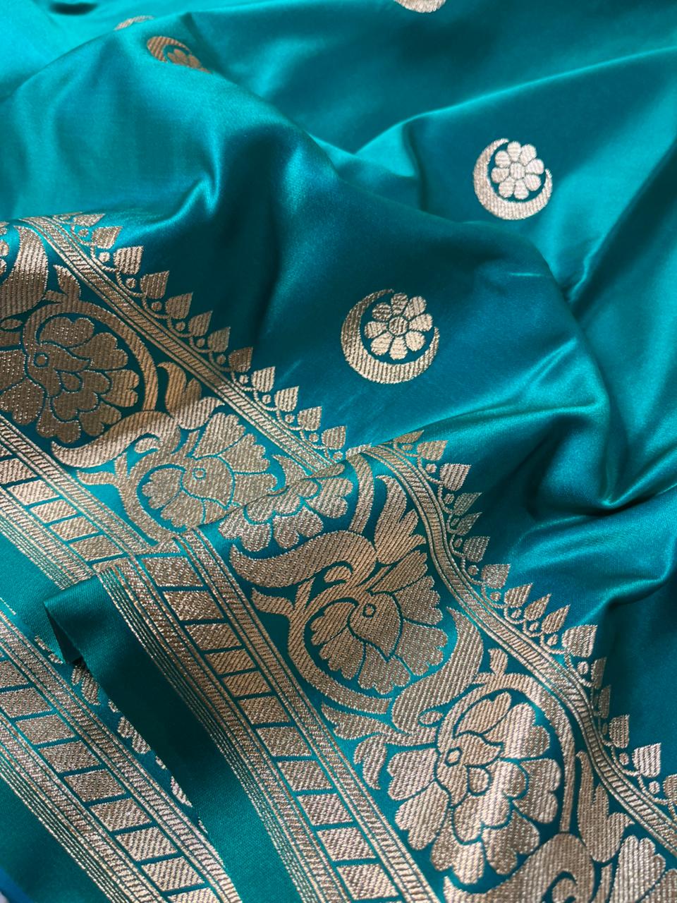 Pacific Blue Satin Silk Chand Tara Buti Banarasi Saree