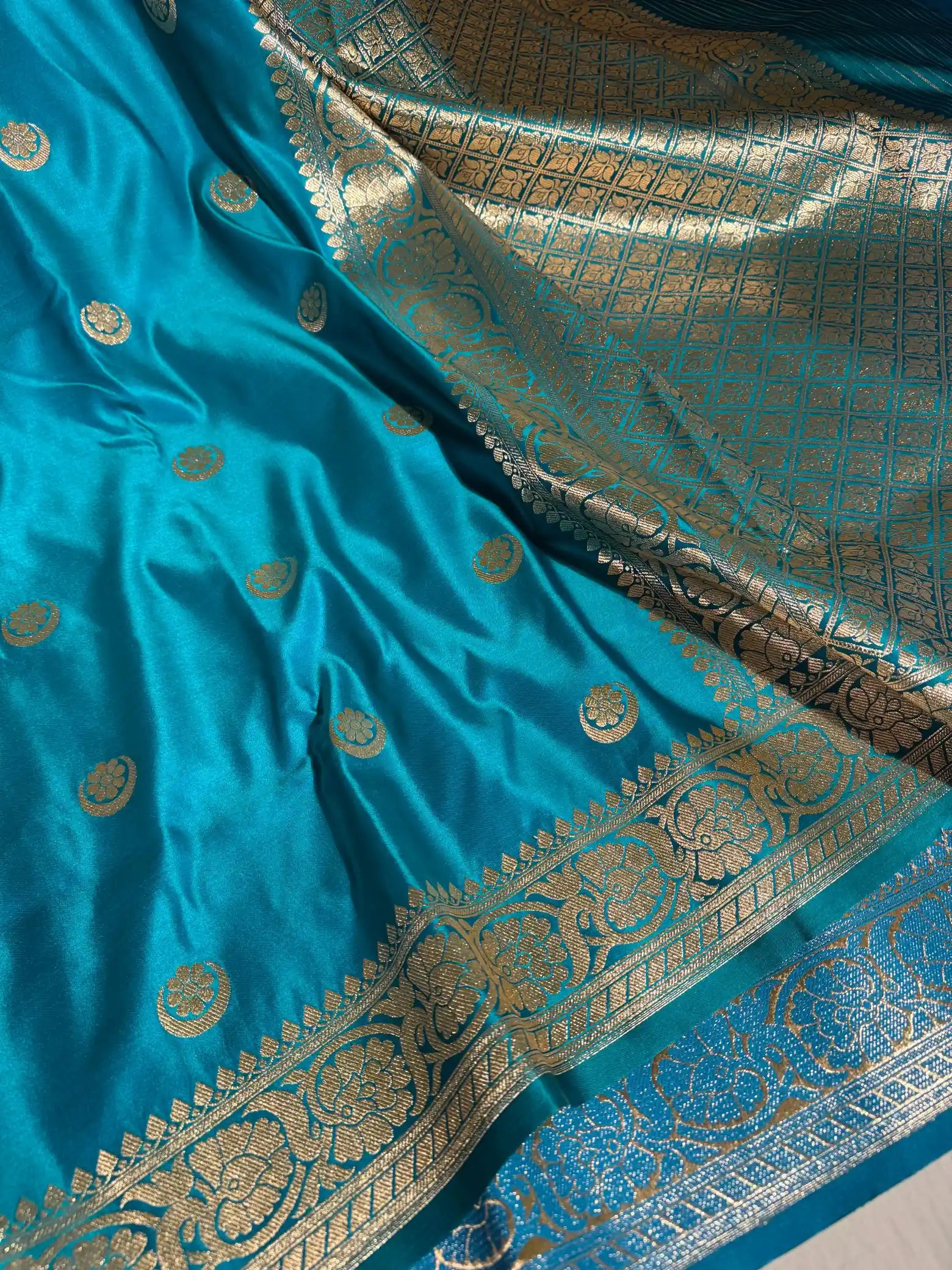 Pacific Blue Satin Silk Saree with Rich Texture Design and Classical Pallu