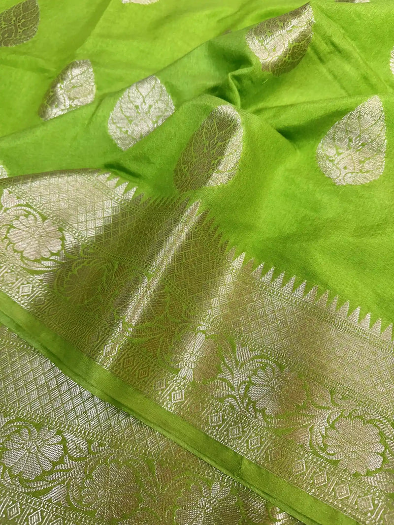 Parrot Green Chiniya Silk Zari Buta Banarasi Saree