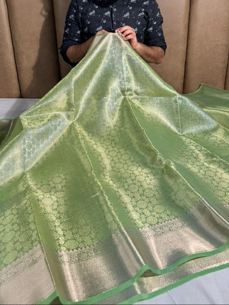 Parrot Green Kanjivaram Bridal Tissue Silk Saree with Rich pallu and blouse