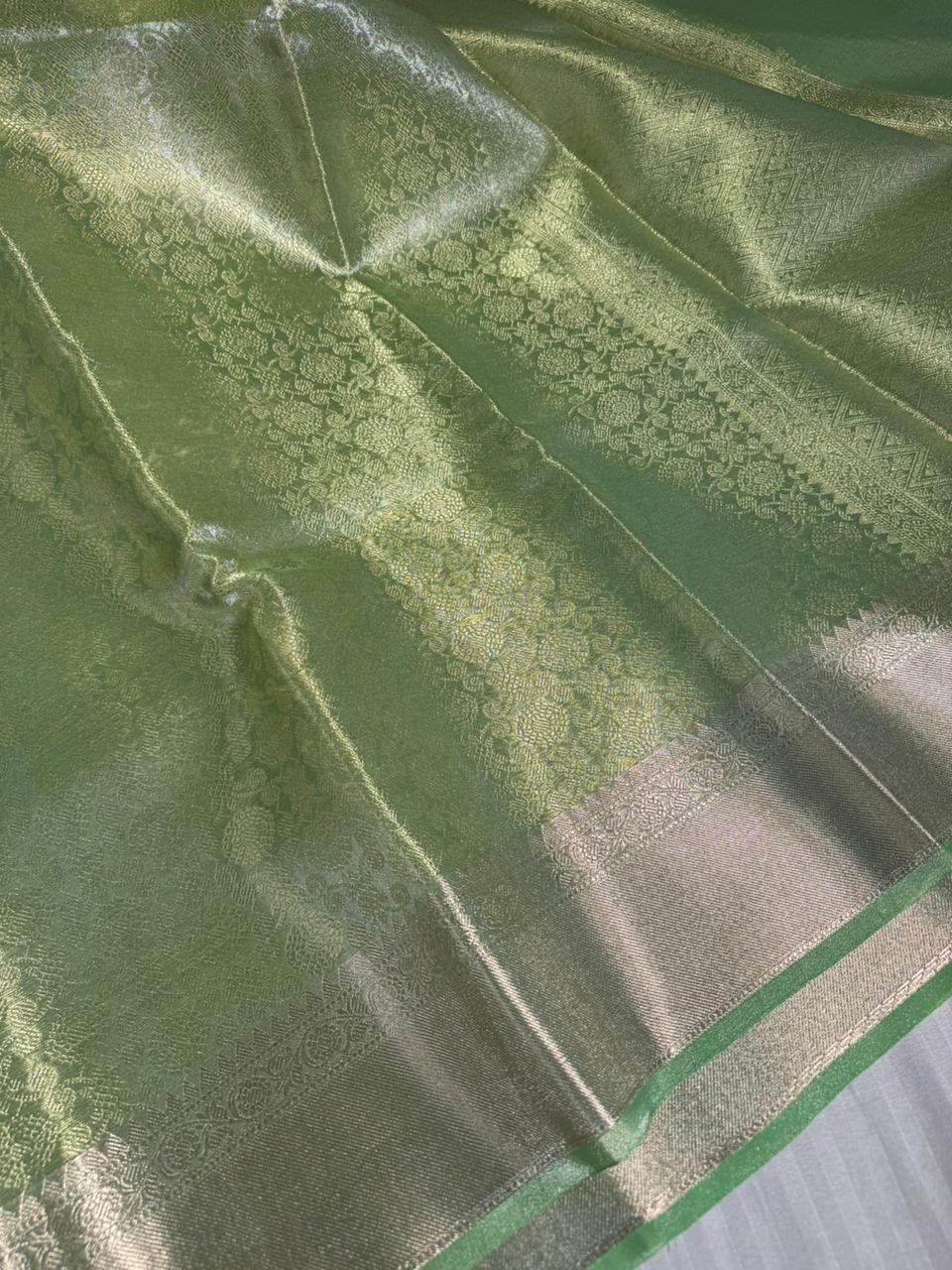 Parrot Green Kanjivaram Bridal Tissue Silk Saree with Rich pallu and blouse