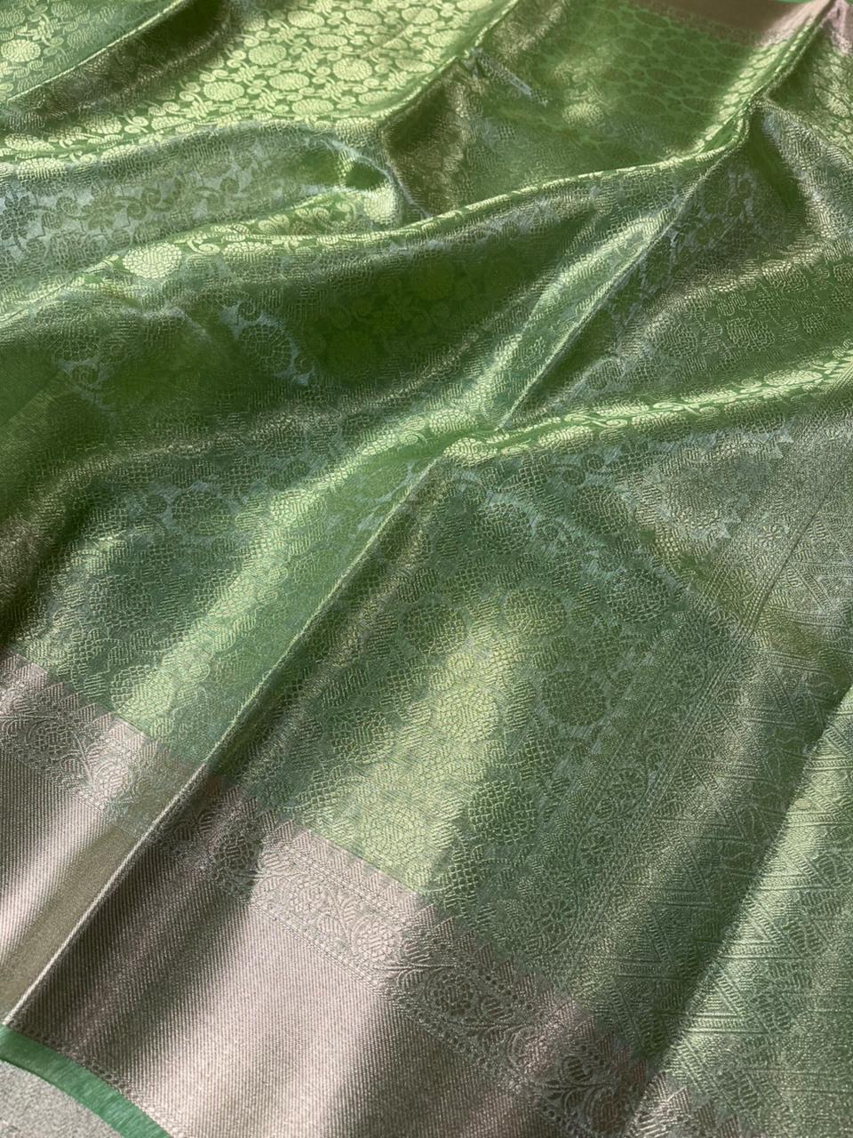 Parrot Green Kanjivaram Bridal Tissue Silk Saree with Rich pallu and blouse