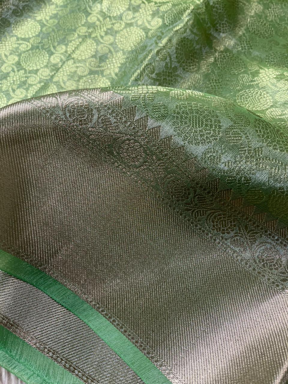 Parrot Green Kanjivaram Bridal Tissue Silk Saree with Rich pallu and blouse