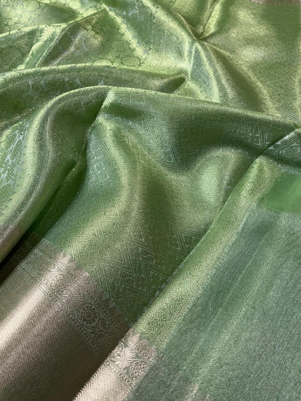 Parrot Green Kanjivaram Bridal Tissue Silk Saree with Rich pallu and blouse