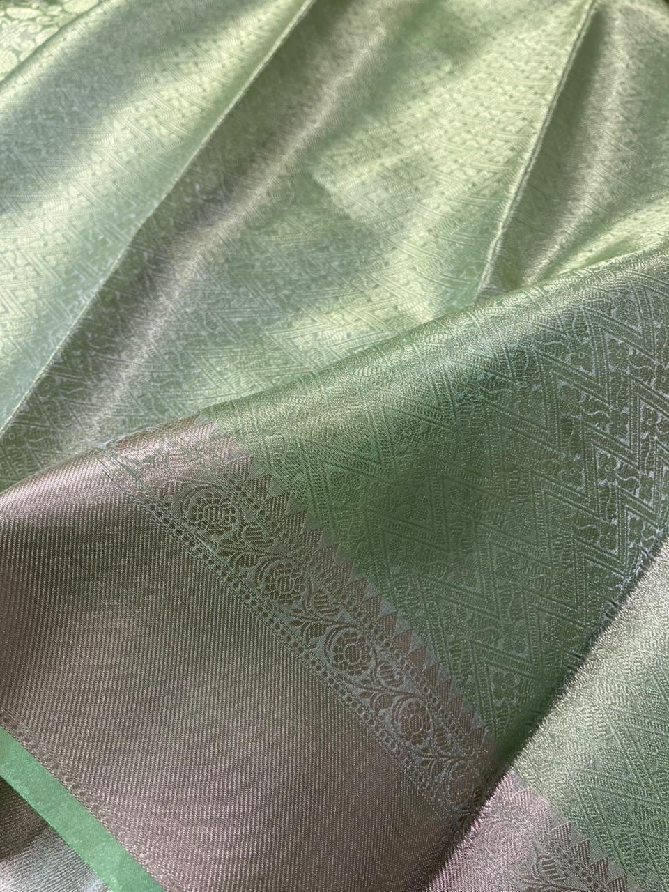 Parrot Green Kanjivaram Bridal Tissue Silk Saree with Rich pallu and blouse