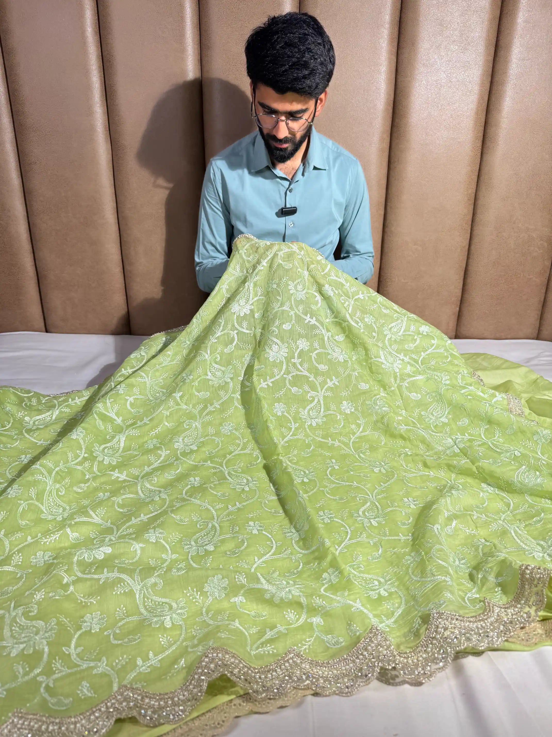 Parrot Green Mul Chanderi Chikankari Embroidered Lace Work Banarasi Saree