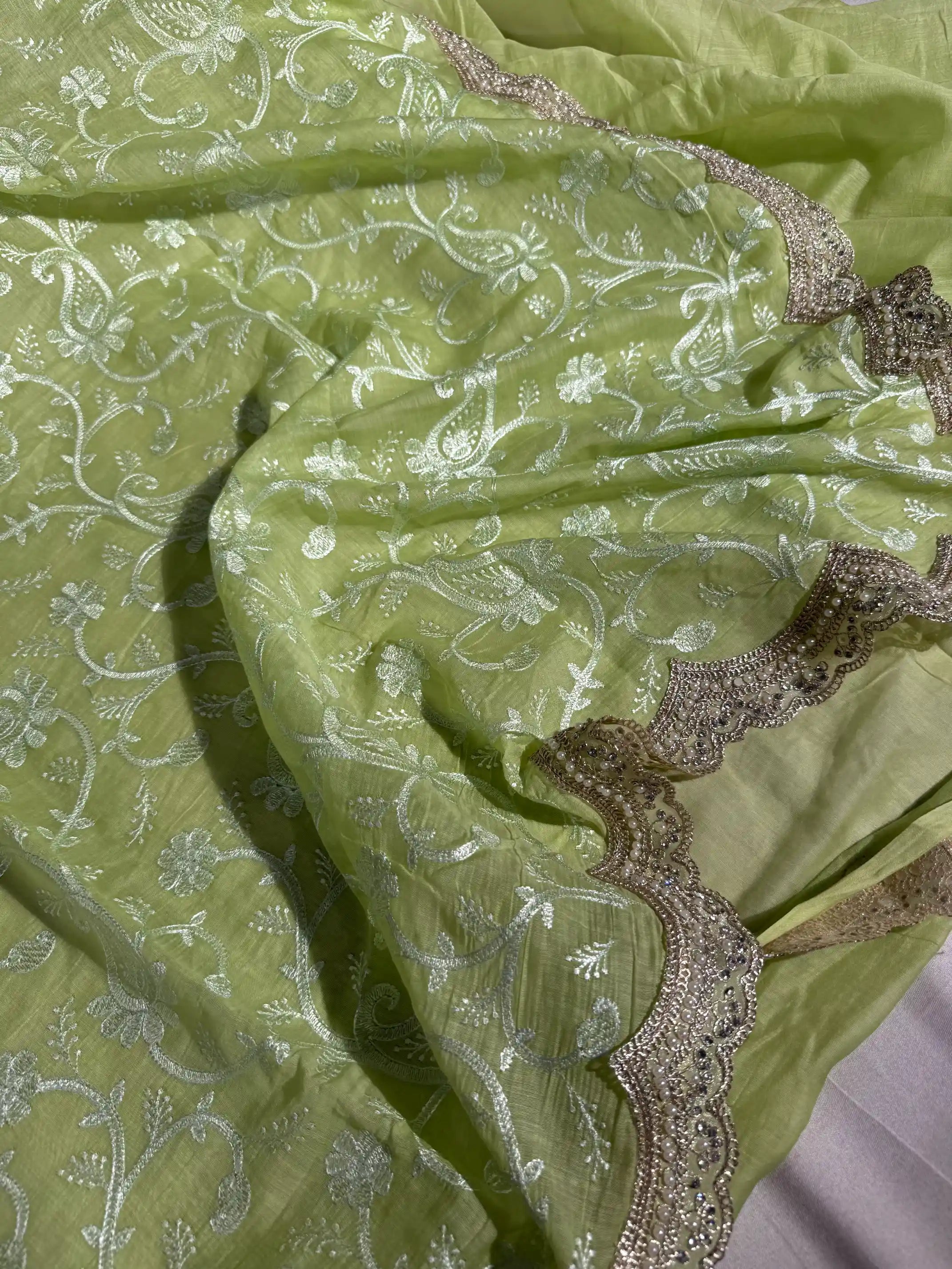 Parrot Green Mul Chanderi Chikankari Embroidered Lace Work Banarasi Saree