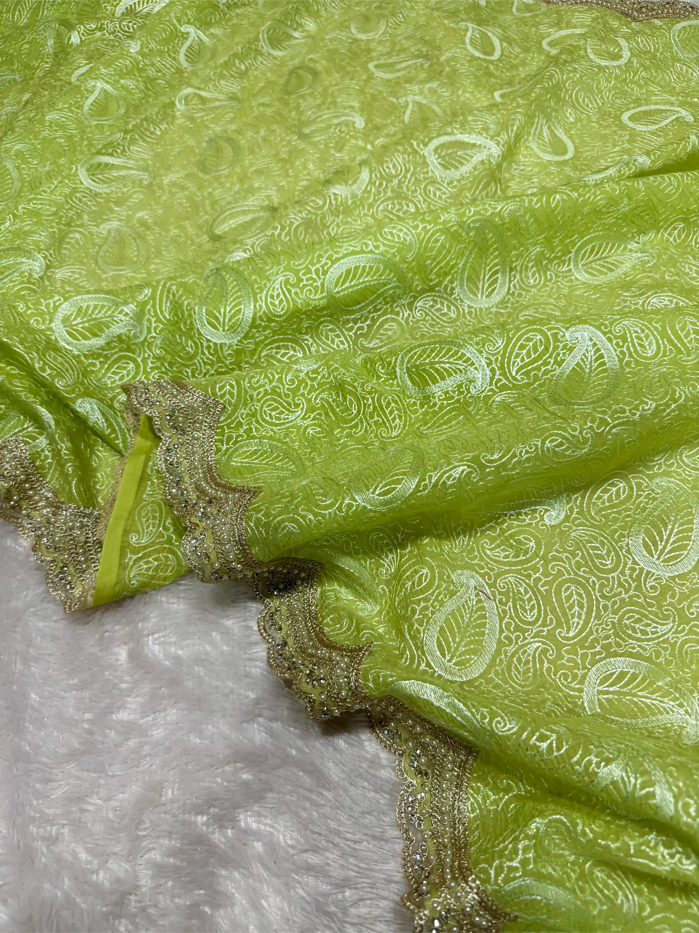 Parrot Green Pure Mul Chanderi Chikankari Work Banarasi Saree