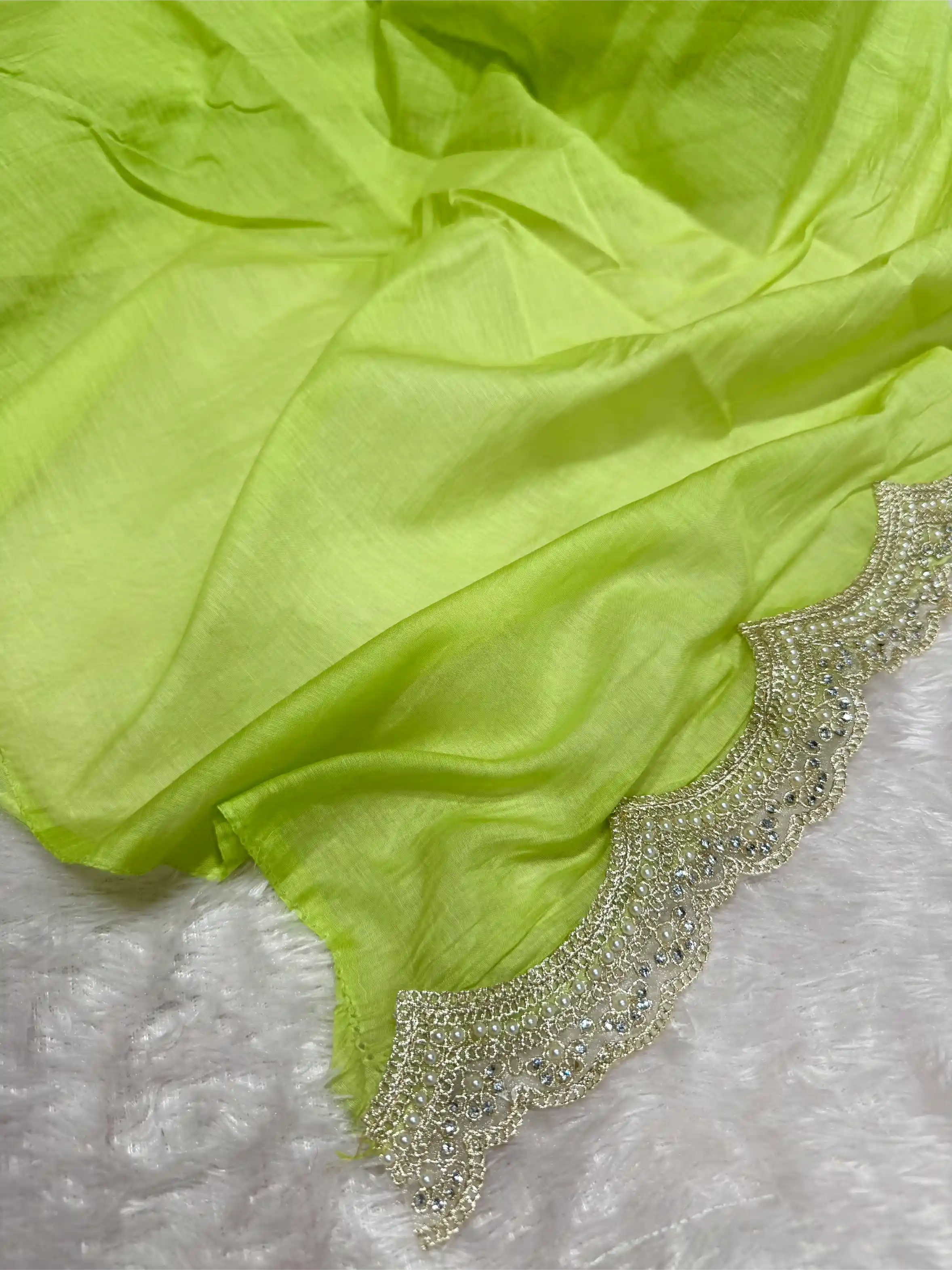 Parrot Green Pure Mul Chanderi Chikankari Work Banarasi Saree