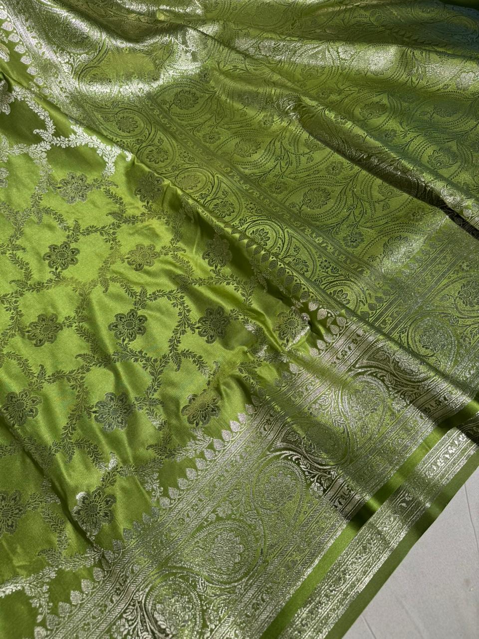 Parrot Green Satin Silk Heritage Floral Weave Banarasi Saree