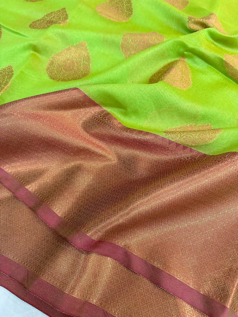 Parrot Green Soft Cotton Silk Banarasi Saree