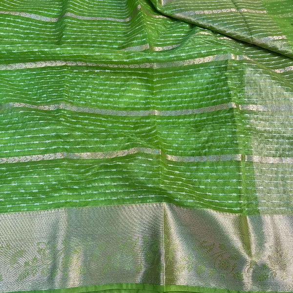 Parrot Green Organza Silk Banarasi Saree