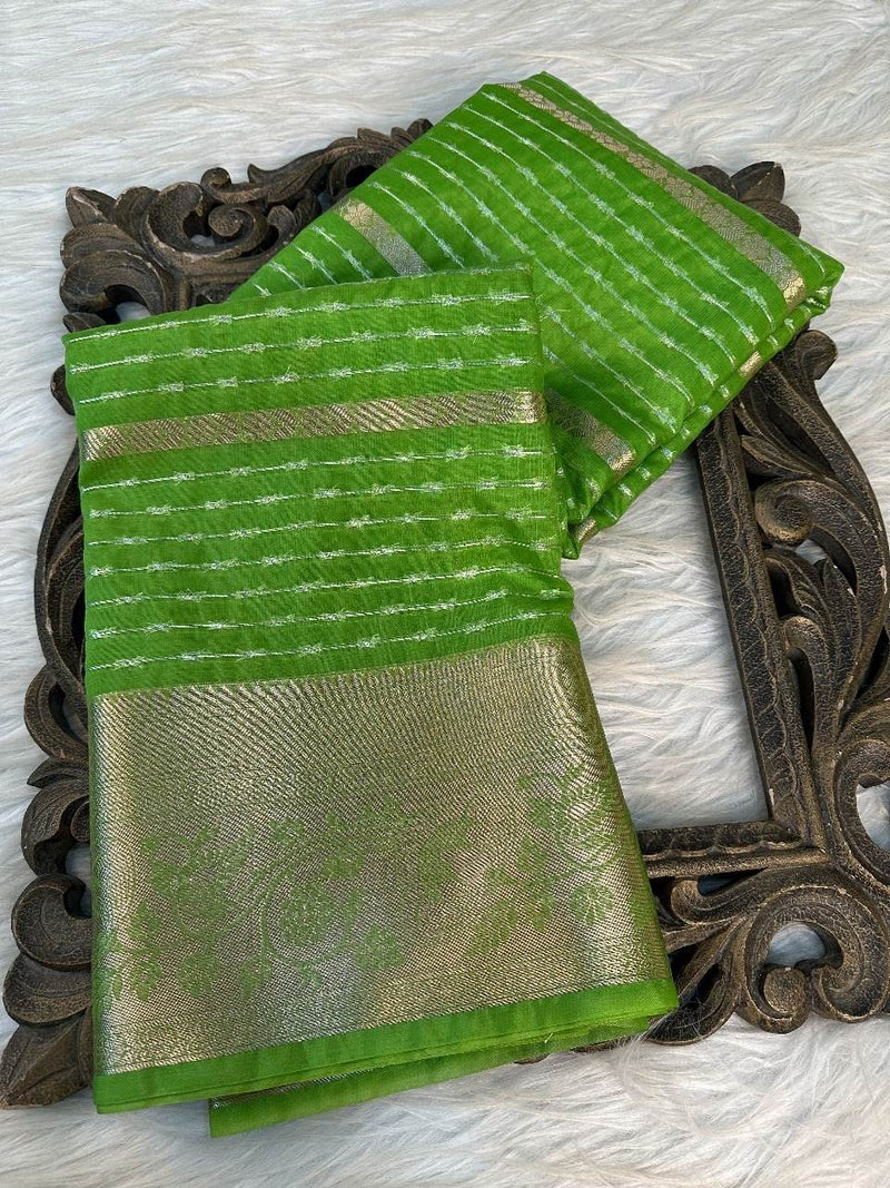 Parrot Green Organza Silk Banarasi Saree