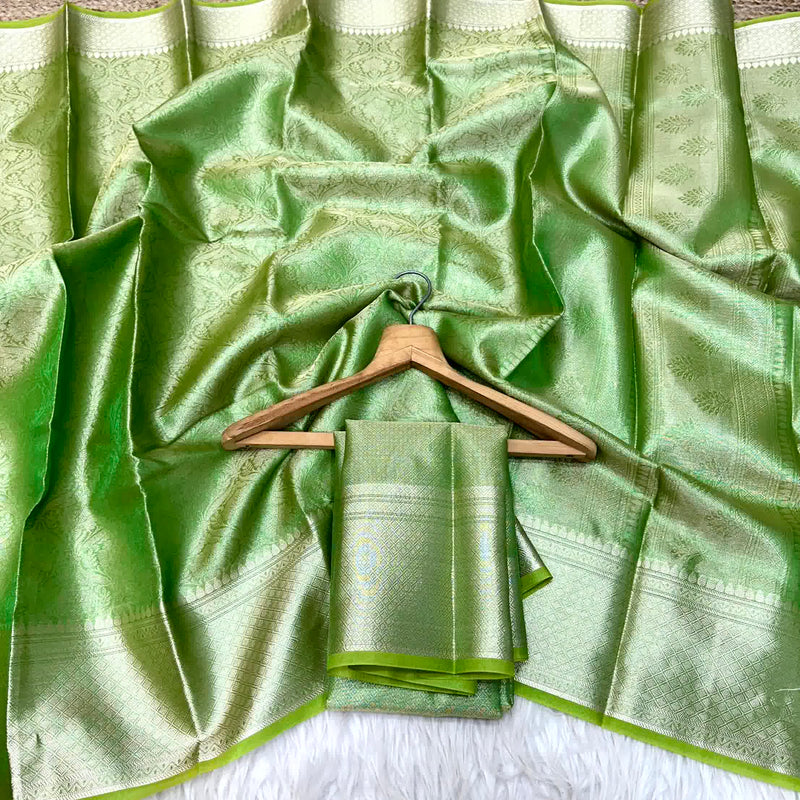 Parrot Green Tissue Silk Embossed Floral Saree