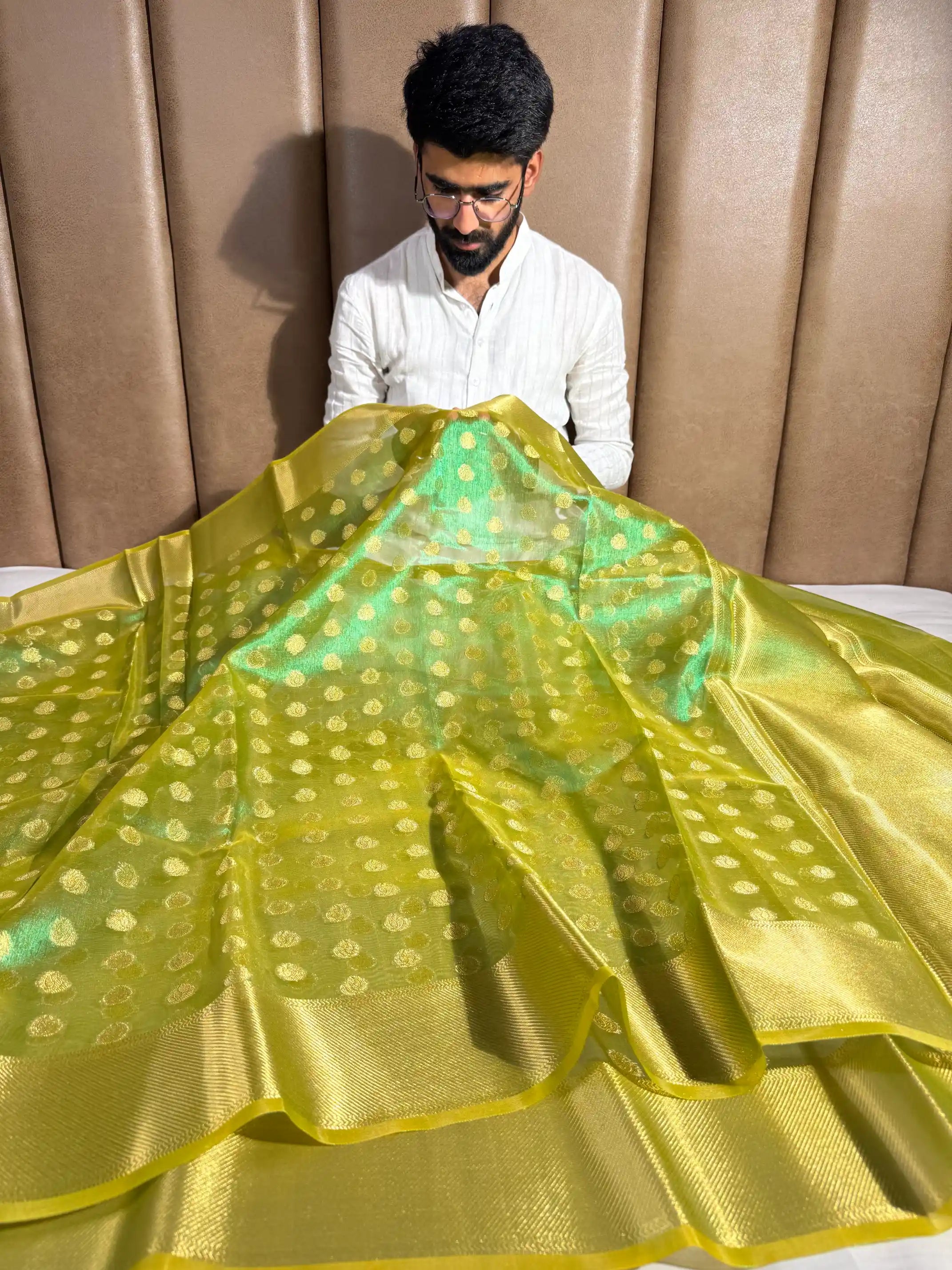 Parrot green soft tissue jacquard Banarasi saree