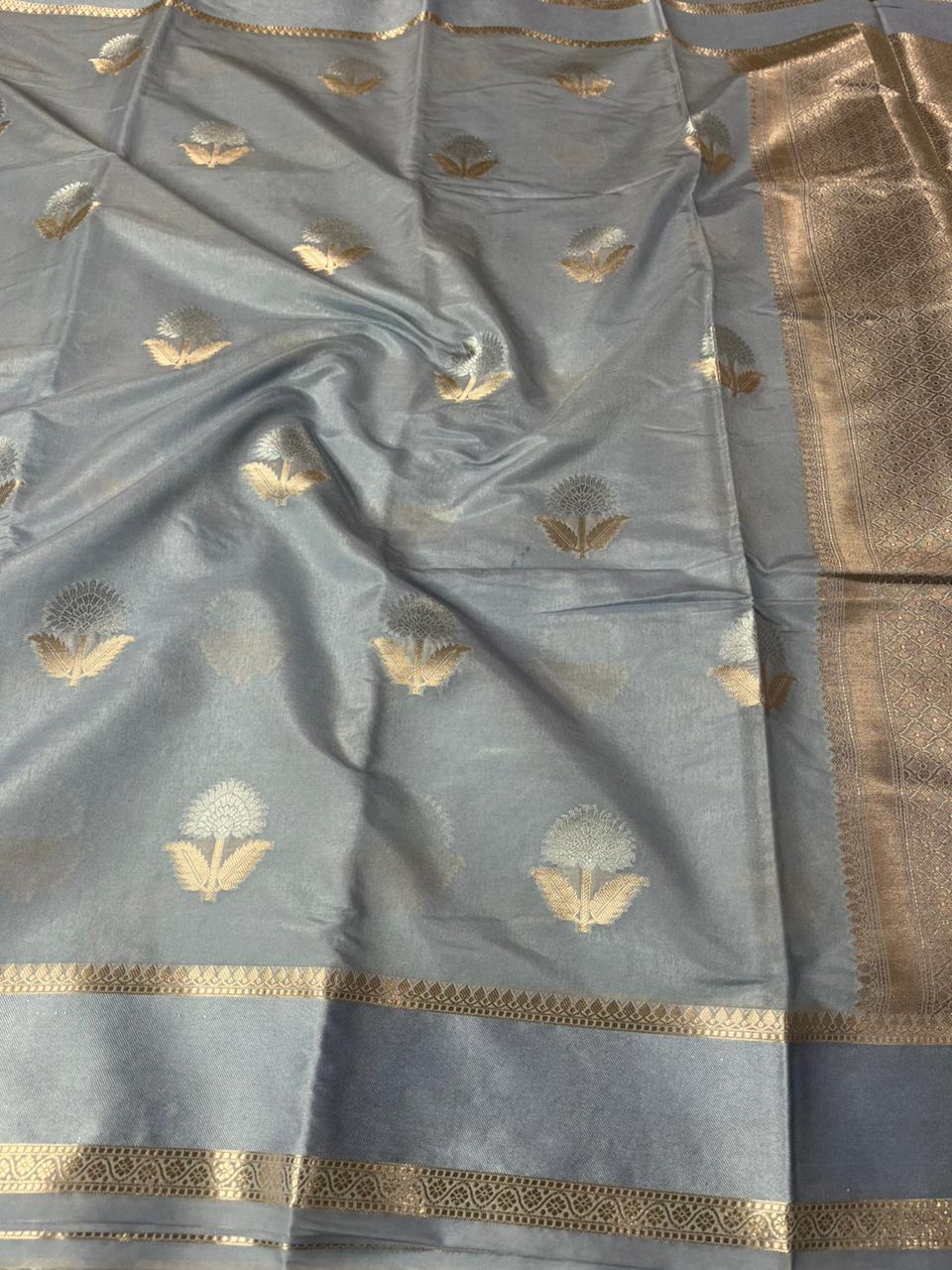 Pastel Blue Chiniya Silk Flower Buta Banarasi Saree