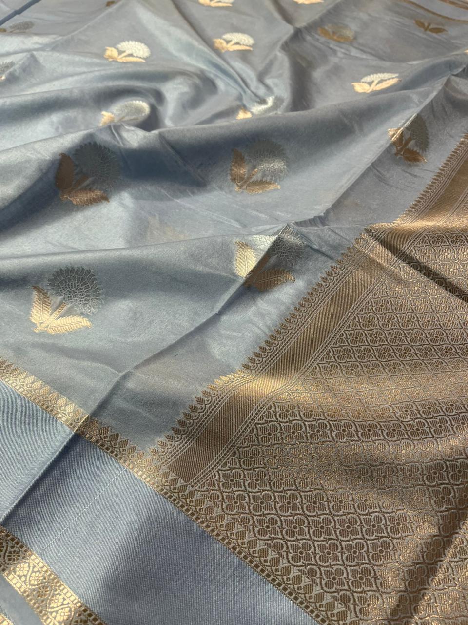 Pastel Blue Chiniya Silk Flower Buta Banarasi Saree