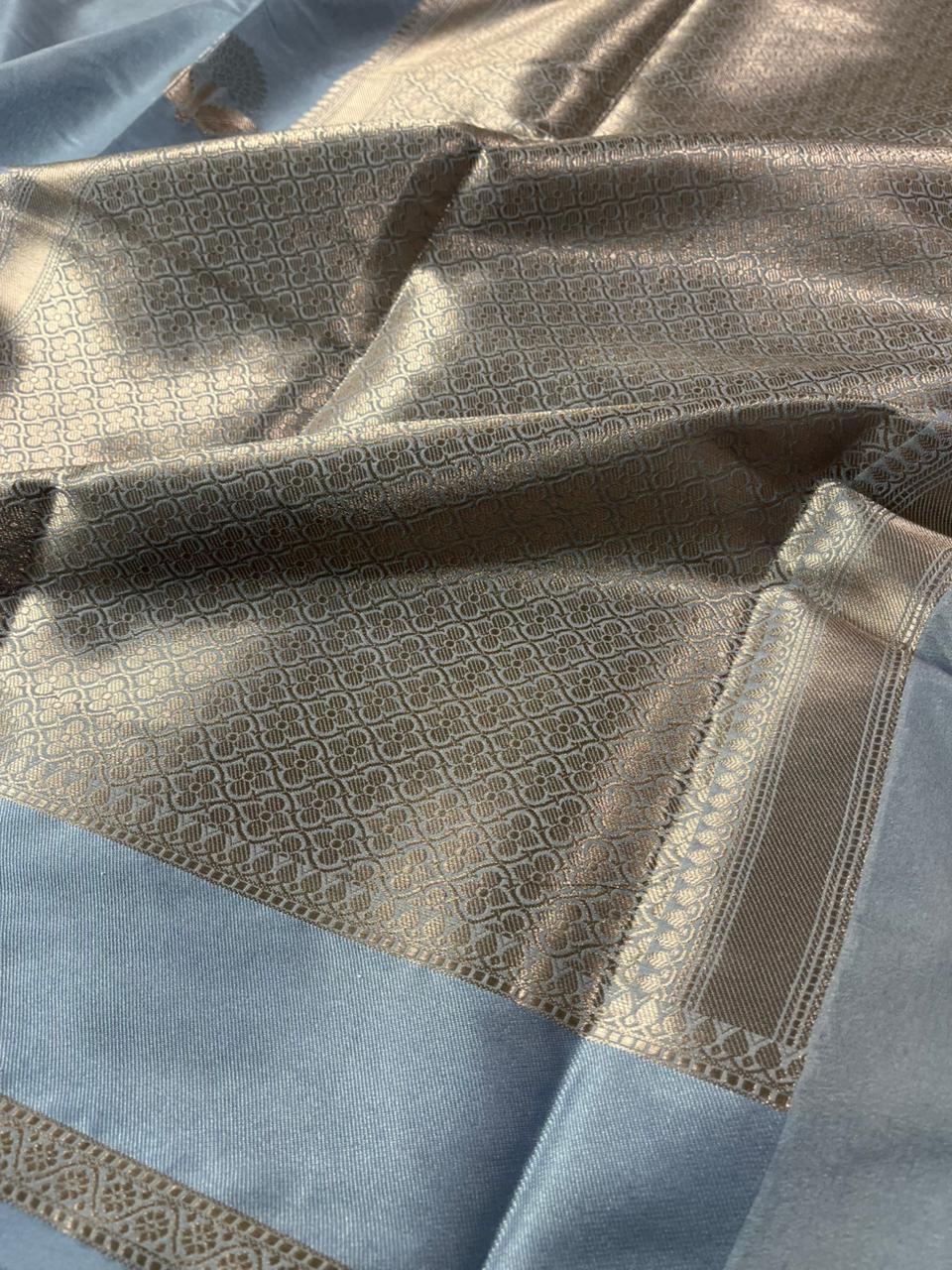 Pastel Blue Chiniya Silk Flower Buta Banarasi Saree