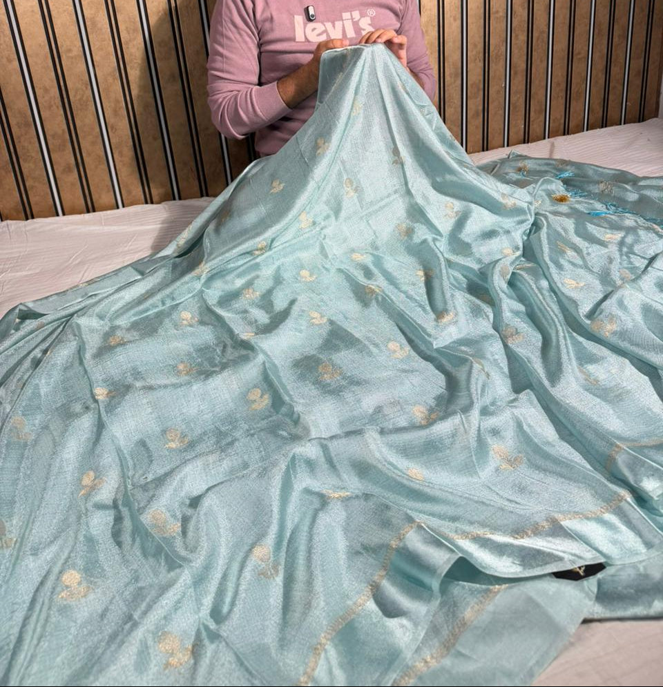 Pastel Blue Extremely Soft Georgette Silk Banarasi Saree