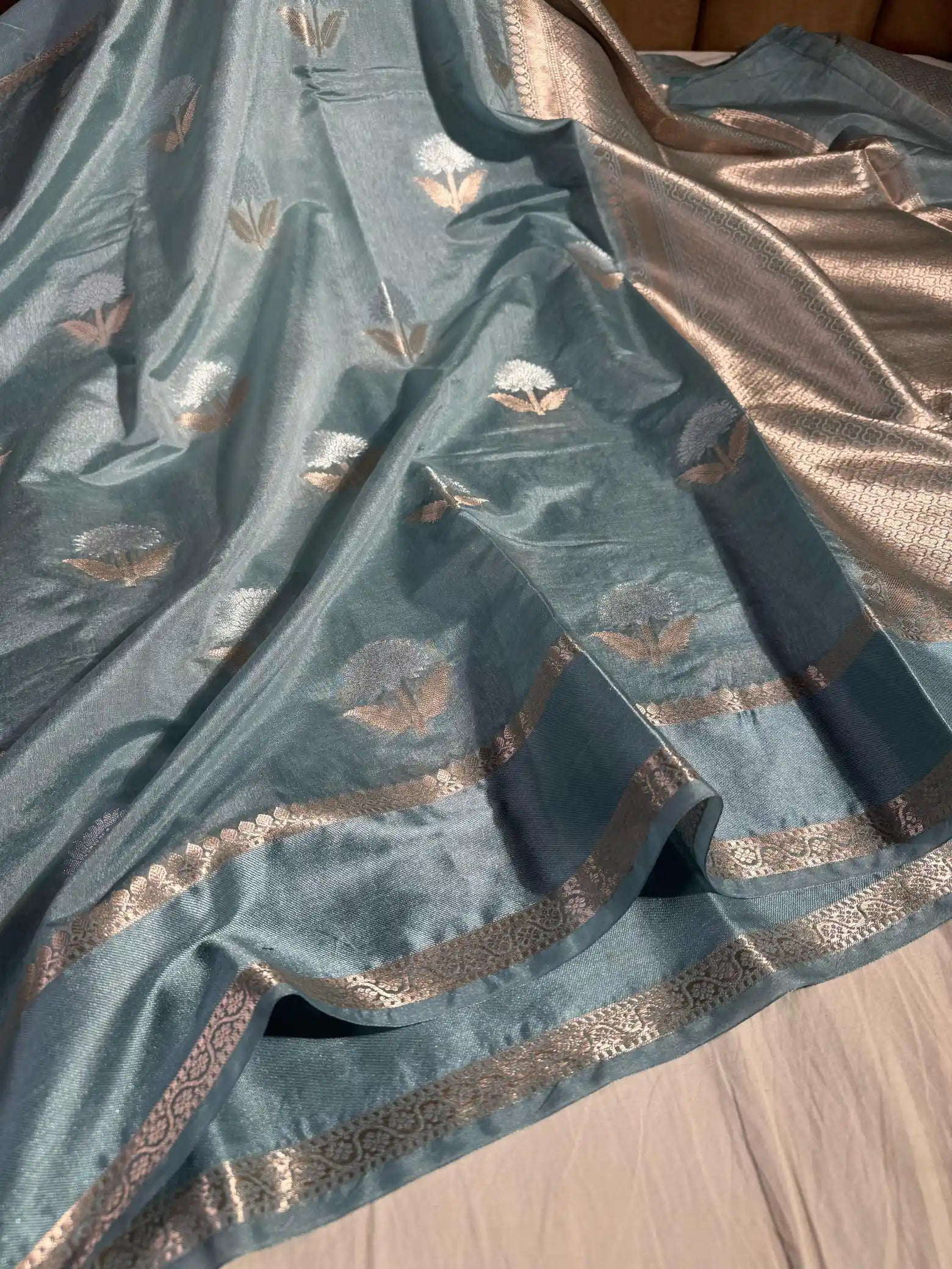 Pastel Blue Premium Chiniya Silk Saree with Rich Pallu and Blouse