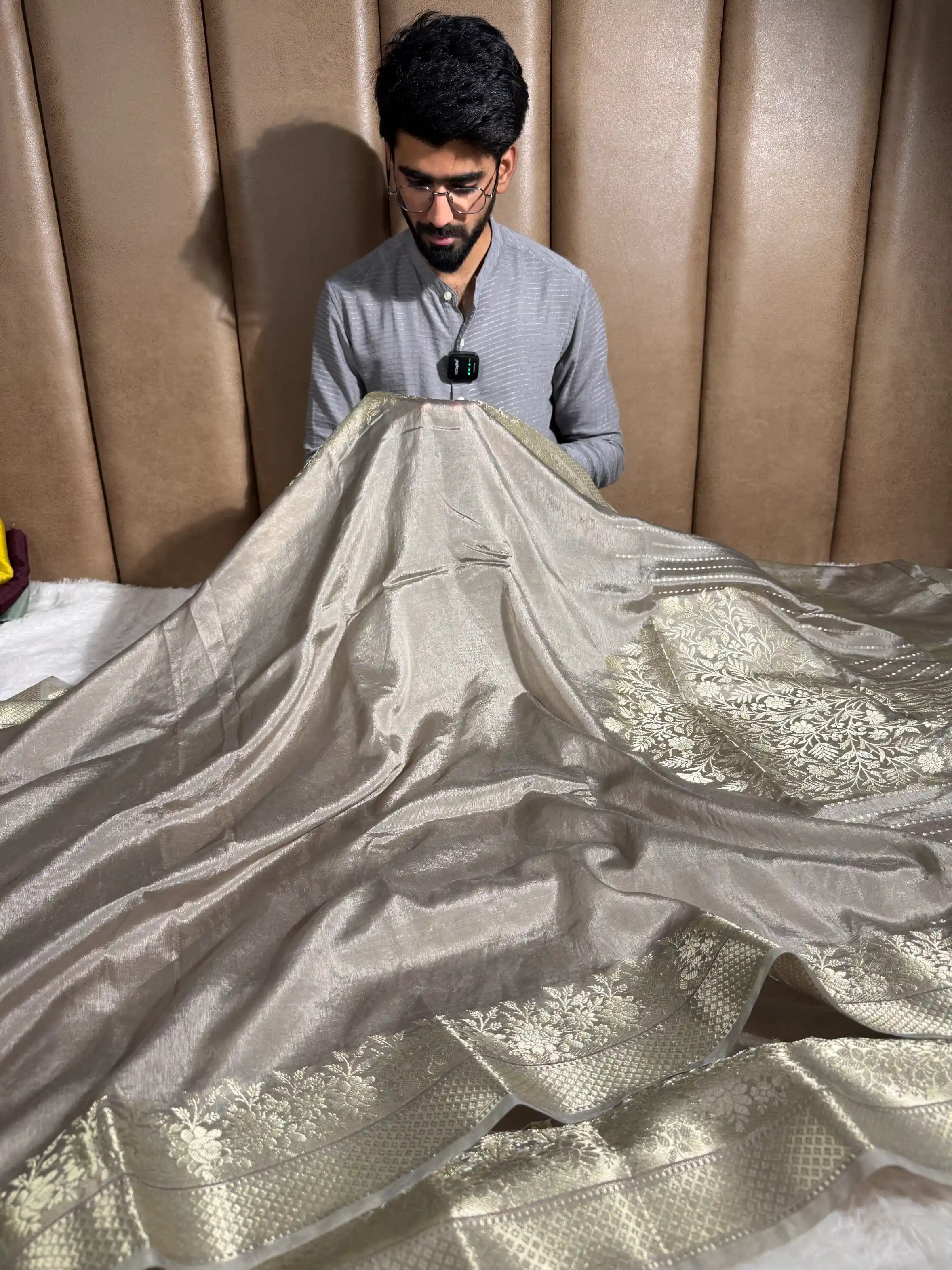 Pastel Grey Crepe Chinia Silk Banarasi Saree