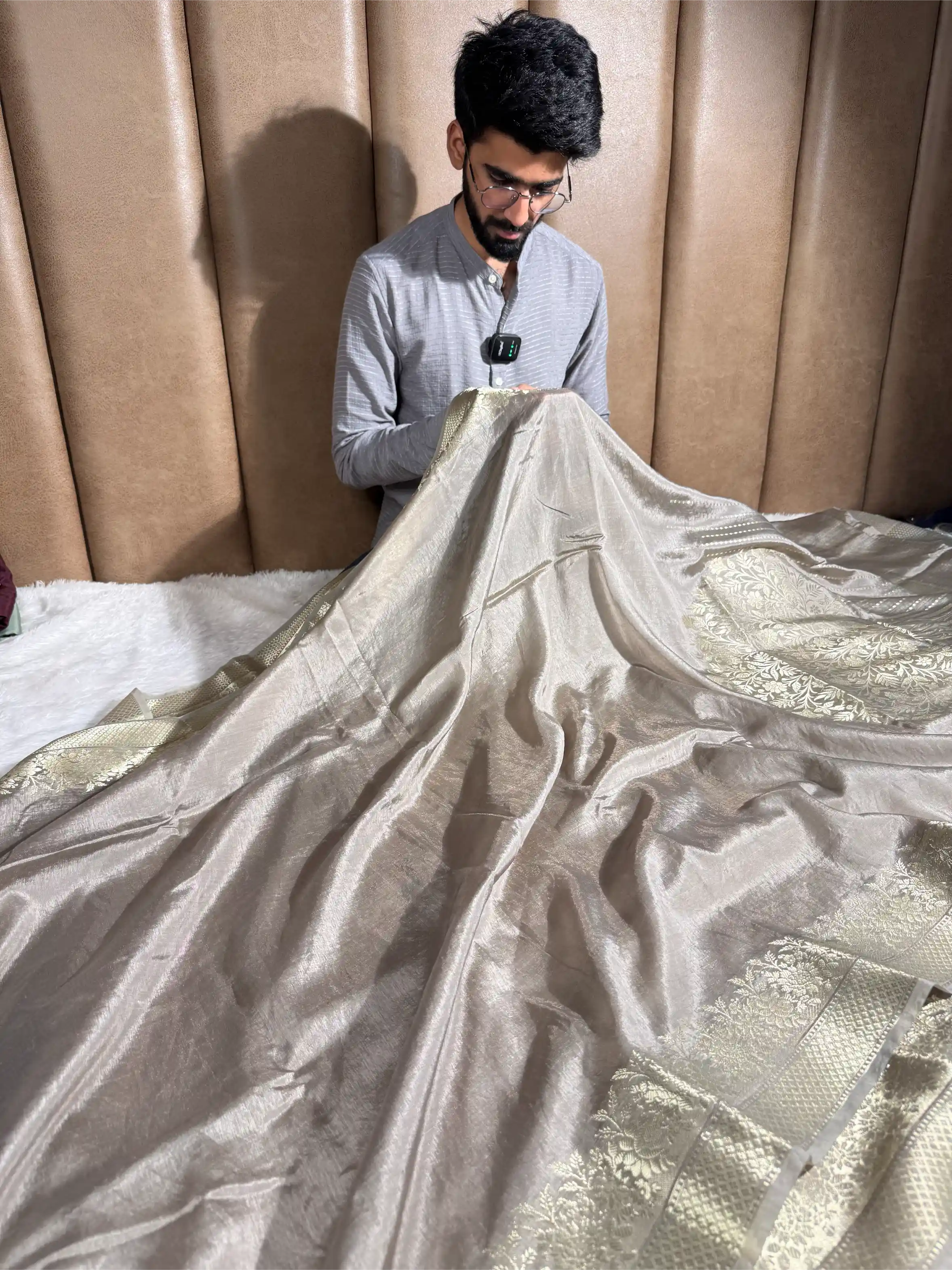 Pastel Grey Crepe Chinia Silk Banarasi Saree