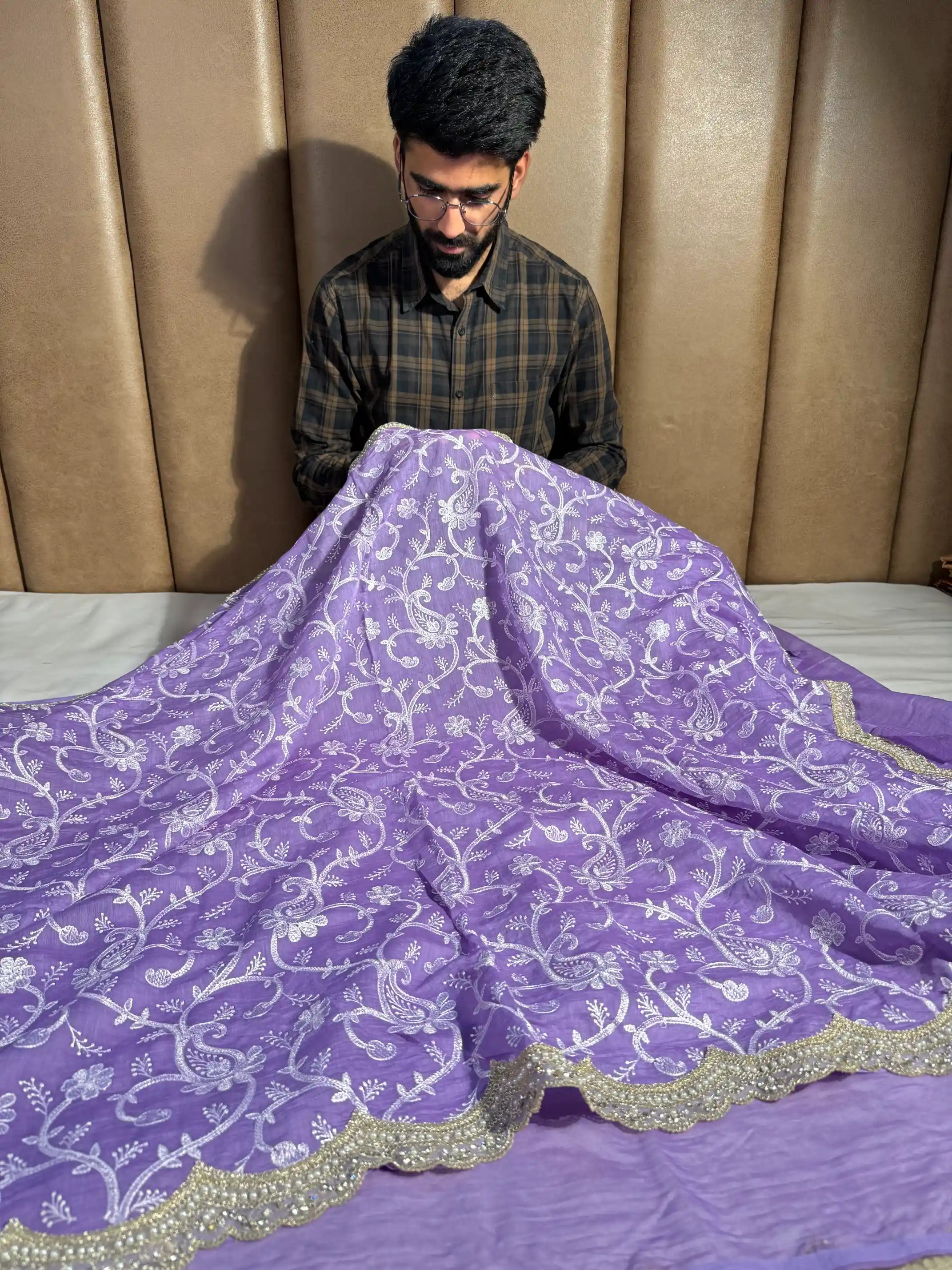 Pastel Lavender Shade Pure Mul Chanderi Saree with Premium Chikankari Embroidery Work