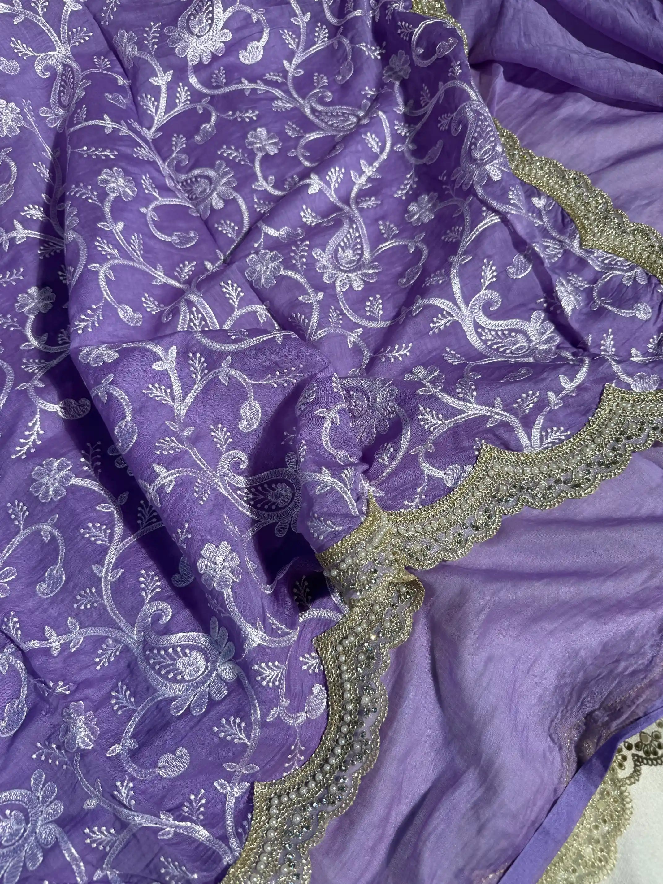 Pastel Lavender Shade Pure Mul Chanderi Saree with Premium Chikankari Embroidery Work