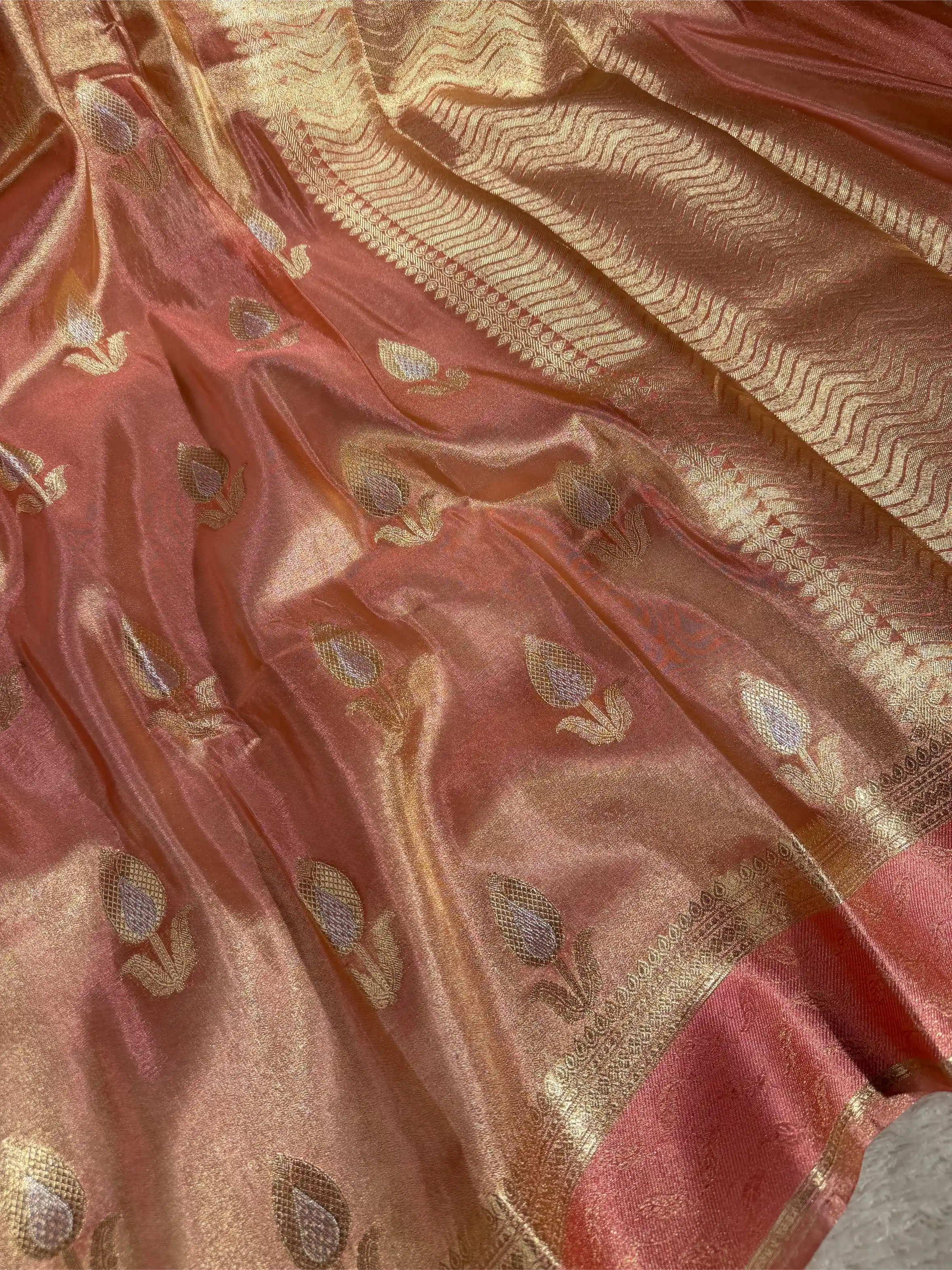 Pastel Peach Breathable Tissue Silk Flower Buta Banarasi Saree